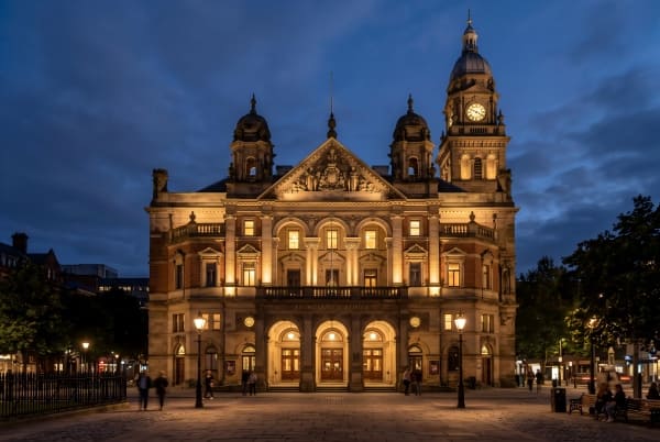 A historic landmark building illuminated with elegant warm white light from an RGBW system